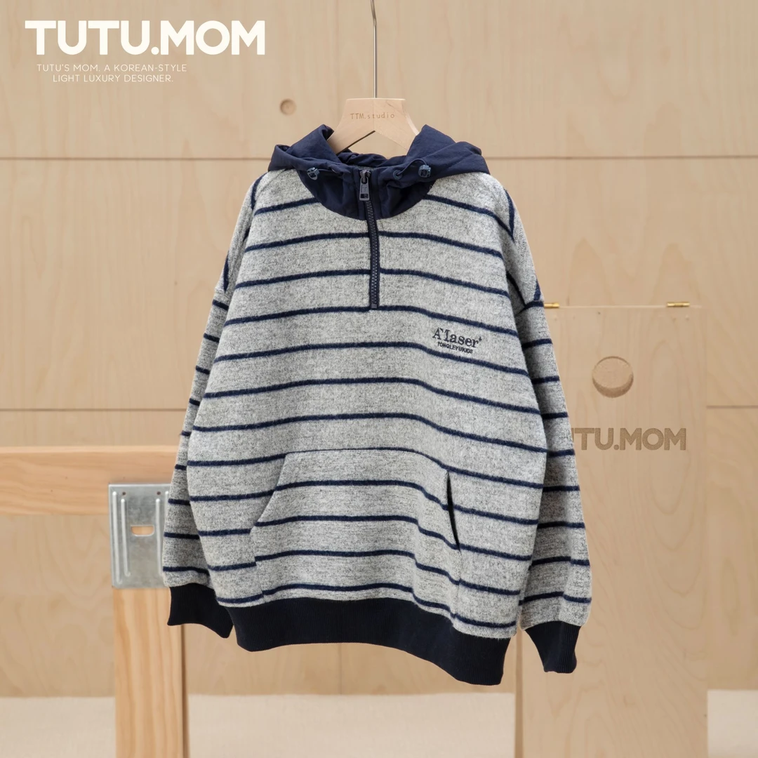 现货【学院风条纹卫衣】男童2025秋冬新款半拉链连帽中大童亲子装潮