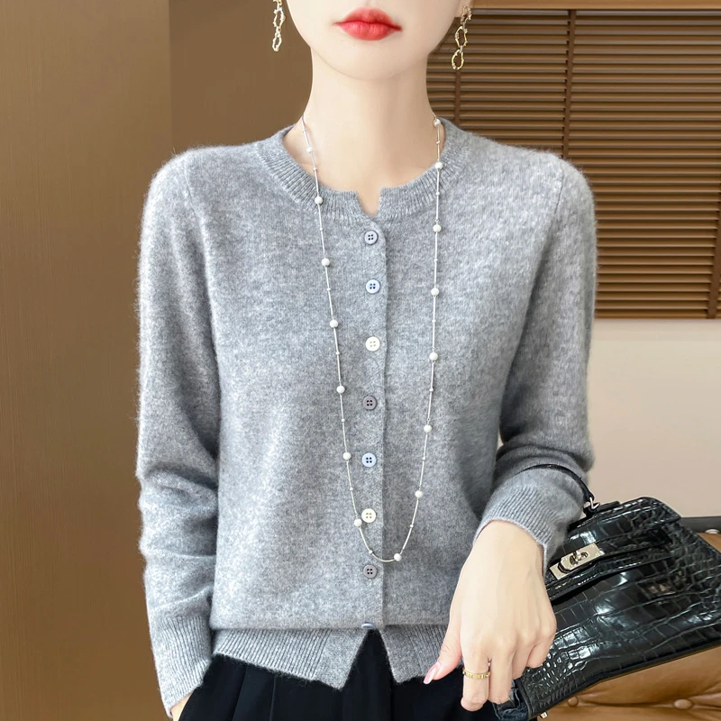 气质百搭~25秋冬新款100羊绒开衫女圆领宽松休闲针织开衫外套D337