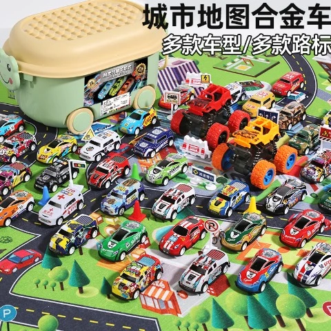 直播款50只铁皮小汽车和2只越野车收纳盒金属小汽车儿童玩具车