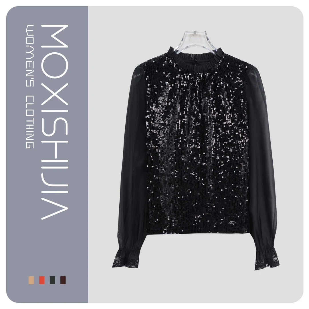 S新款法式温柔小众显瘦设计感亮片衬衫S3051