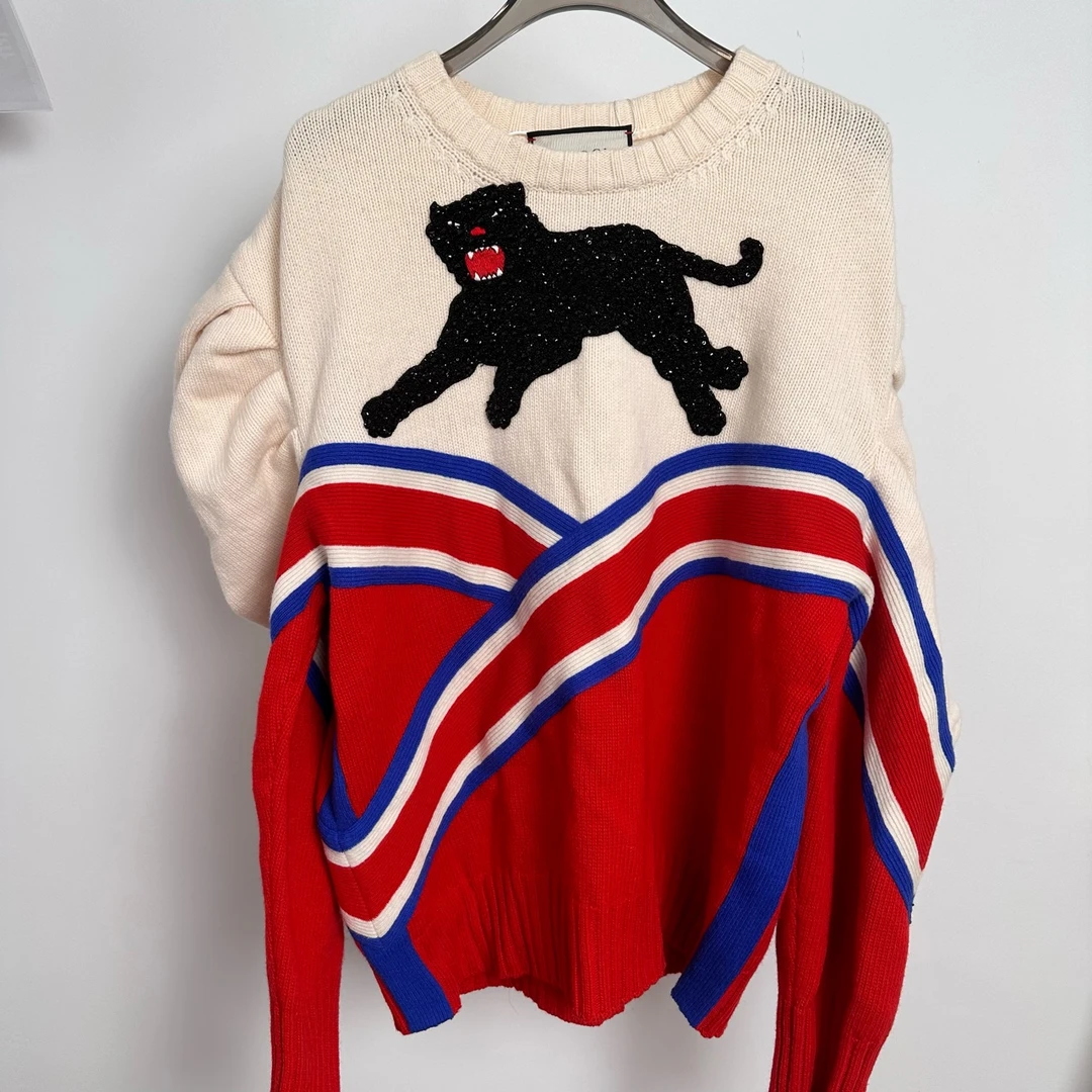 99新 GUCCI/古驰 古驰经典虎头拼接毛衣 M码 99新 GM002973