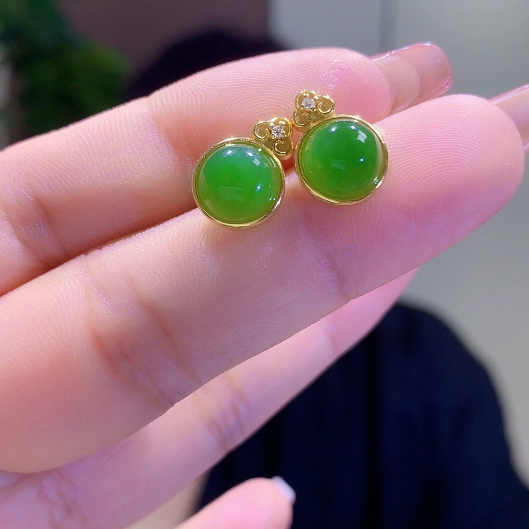 和田玉（碧玉）银S925镀金镶嵌耳饰
