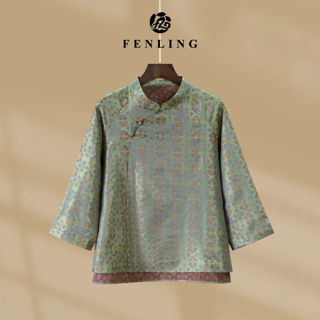 芬领-四合如意纹-非遗100%桑蚕丝全罗蜀锦斜襟七分袖上衣SY2512