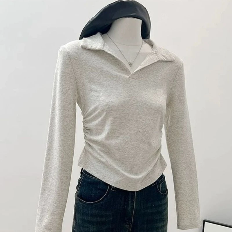 长袖t恤女2025新款春秋季修身白色内搭打底衫短款正肩polo领上衣