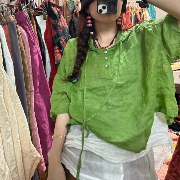 妞妞 新款苎麻纽扣宽松显瘦大版连帽衫