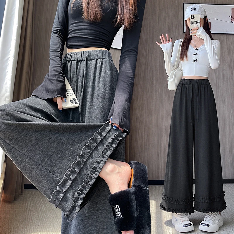 fffs1681糯米绒木耳花边阔腿裤女2025秋季新款百搭显瘦九分休闲裤