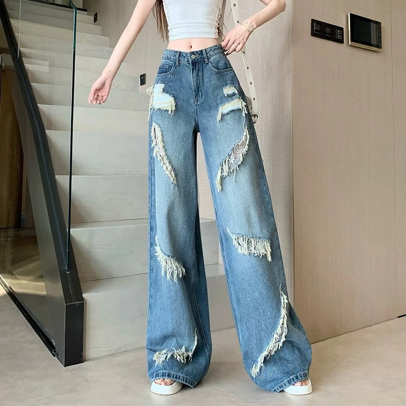 2025常规夏季做旧薄款美式破洞牛仔裤直筒高街显瘦裤子胖mm显瘦款