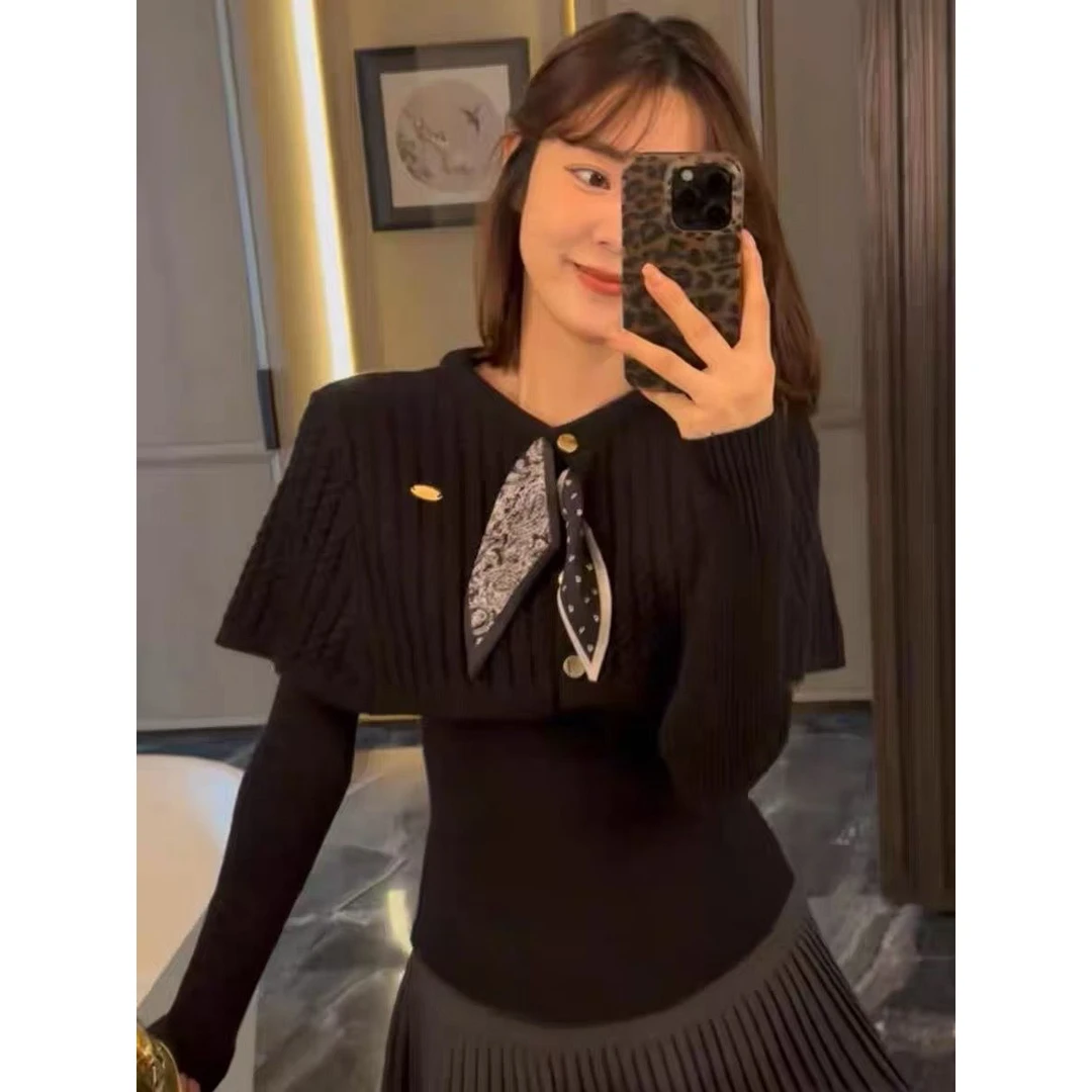 法式复古麻花丝巾领结针织斗篷披肩秋冬v领清冷费尔岛毛衣开衫