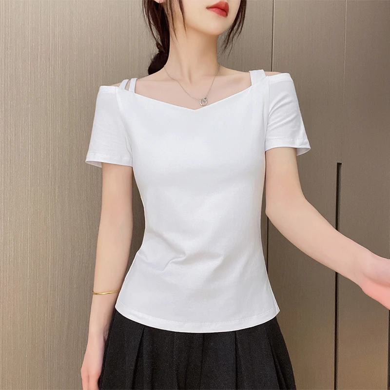 白色v领露肩短袖t恤女2025新款夏季纯棉小众设计感打底上衣体恤
