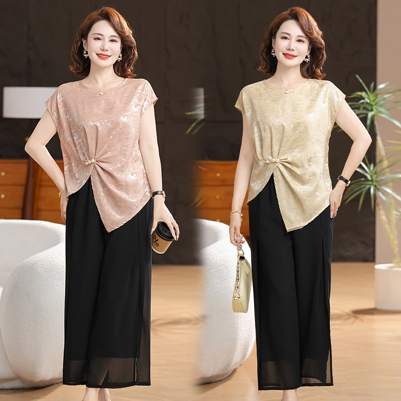 优雅减龄妈妈夏季薄款短袖小衫洋气遮肉显瘦2025夏季新款套装