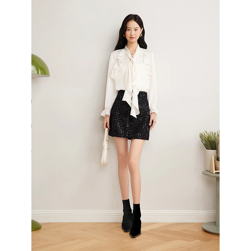 Goodland美地2025春季新款法式花边衬衫飘带荷叶边上衣LC35170040