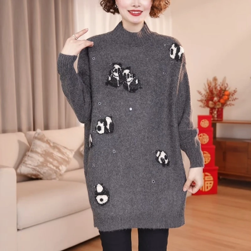 洋气时尚毛衣女秋冬季休闲大码中长款遮肚显瘦针织上衣