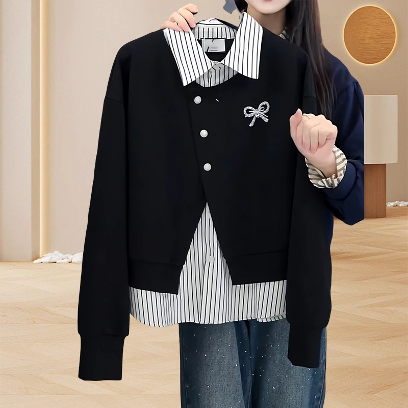 假两件拼接翻领卫衣女春秋新款气质减龄休闲风蝴蝶结条纹长袖上衣