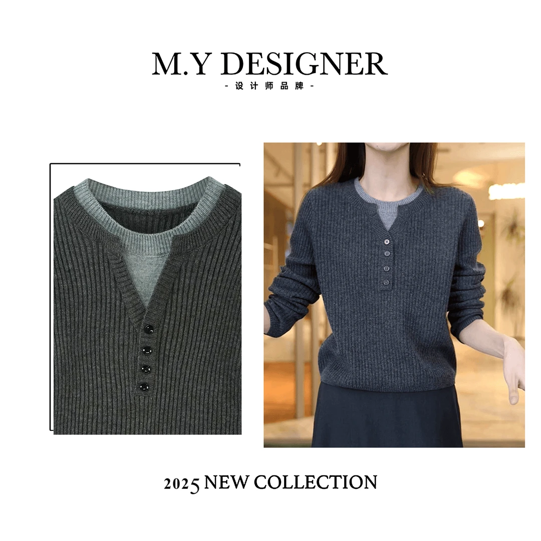 M.Y媛总 冬季撞色拼接设计感假两件长袖针织衫CY-2036