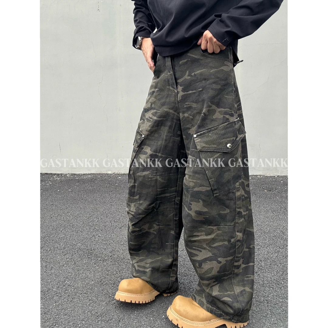 GASTANKK 美式高街立体裁剪复古直筒宽松迷彩牛仔男休闲裤