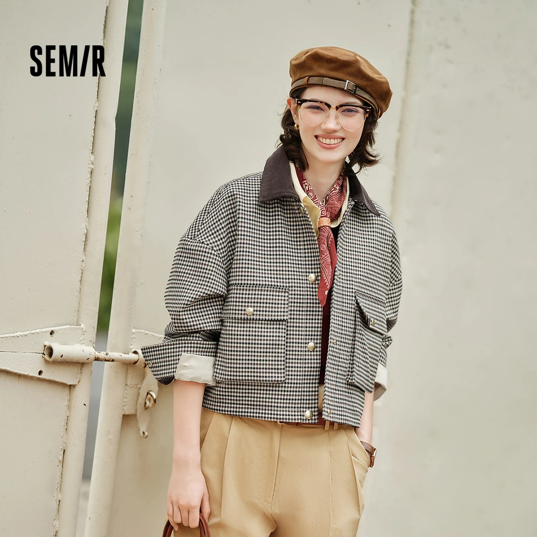 森马外套女短款拼接灯芯绒翻领潮流宽松秋季落肩格纹夹克时尚复古