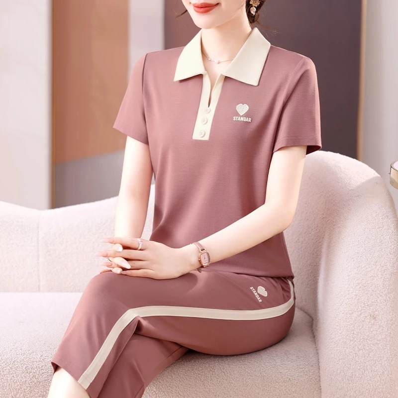 妈妈夏装运动套装女2025新款中老年夏季短袖t恤polo衫上衣两件套