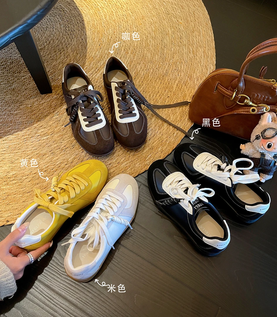 复古拼色真皮平底德训鞋女2025新款秋季厚底运动鞋阿甘休闲鞋板鞋