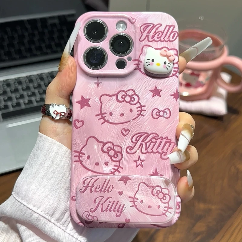 粉晕染kt镜子支架适用苹果16/15promax手机壳华为oppo小米14vivo