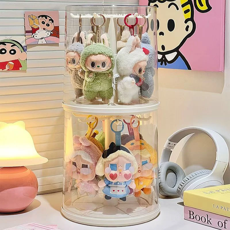 拉布布挂件展示盒旋转透明毛绒公仔玩偶手办盲盒收纳展示架