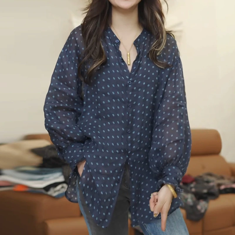 波点防嗮百搭衬衫新款藏肉遮肚子显瘦上衣女长袖减龄洋气胖mm大码