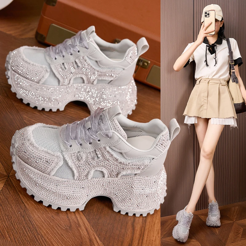 欧洲站满钻老爹鞋女2025春夏新款厚底内增高女鞋百搭透气网面凉鞋