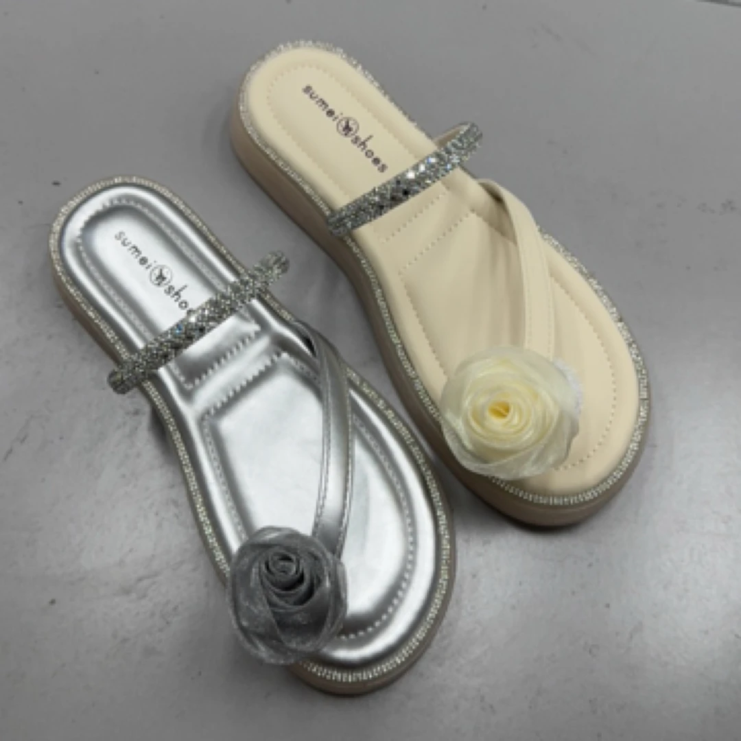 998-10防滑日常胶粘鞋一字拖水钻防水台少女风套趾平底