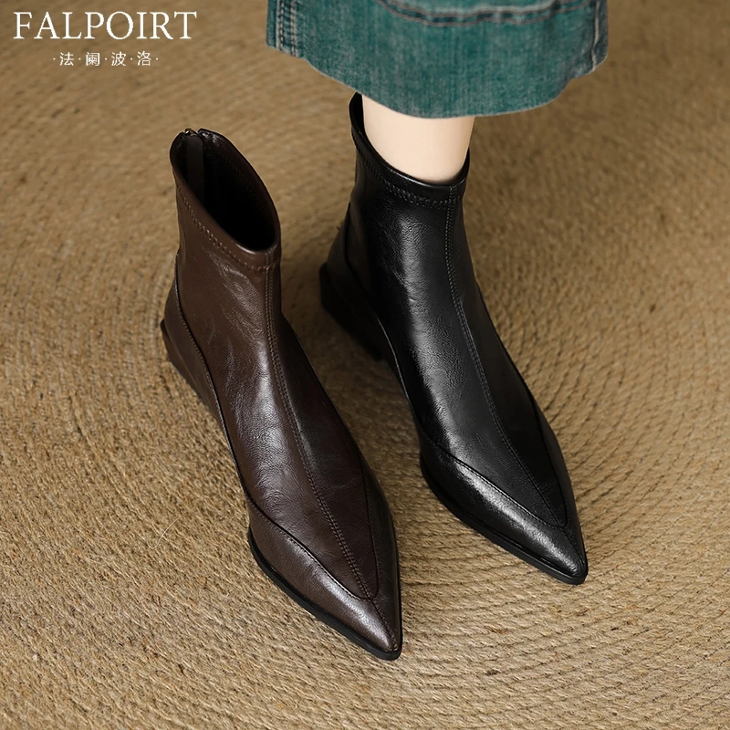 FALPOIRT尖头粗跟后拉链短靴女秋冬季加绒真皮切尔西瘦瘦靴高级感