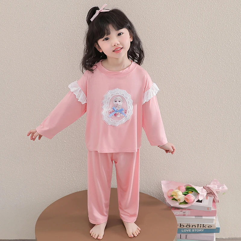 女童睡衣春秋款莫代尔女宝爱莎公主套装小女孩薄儿童家居服空调服