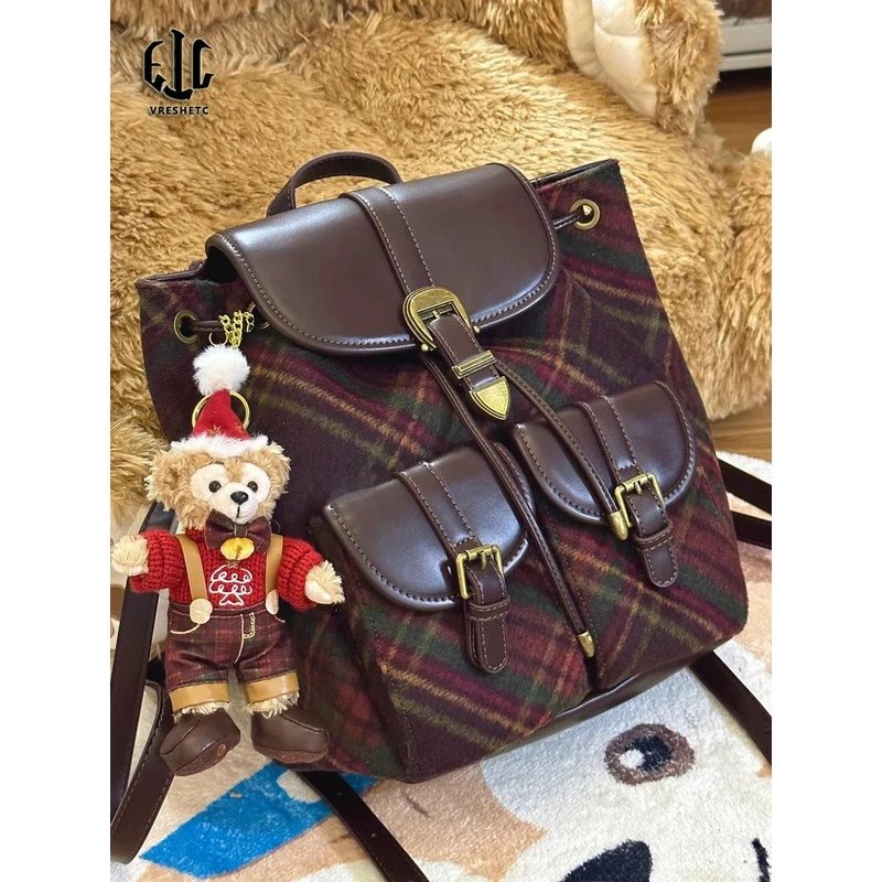 韩复古百搭双肩背包2025新款小众设计格子毛呢手提休闲女士托特包