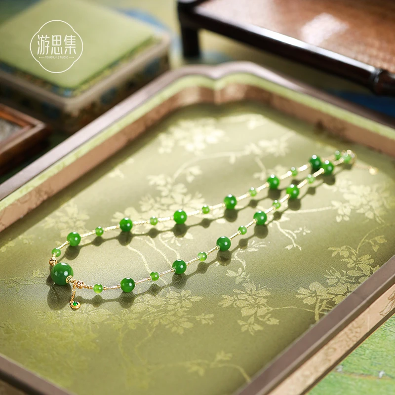 【露为舟项链】天然和田玉碧玉加18k金轻奢高端设计感复古