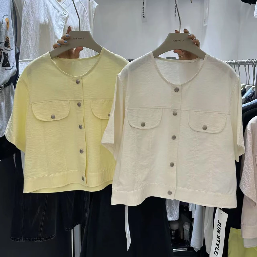 【代莹优选】1531春夏韩系简约圆领短袖衬衫女