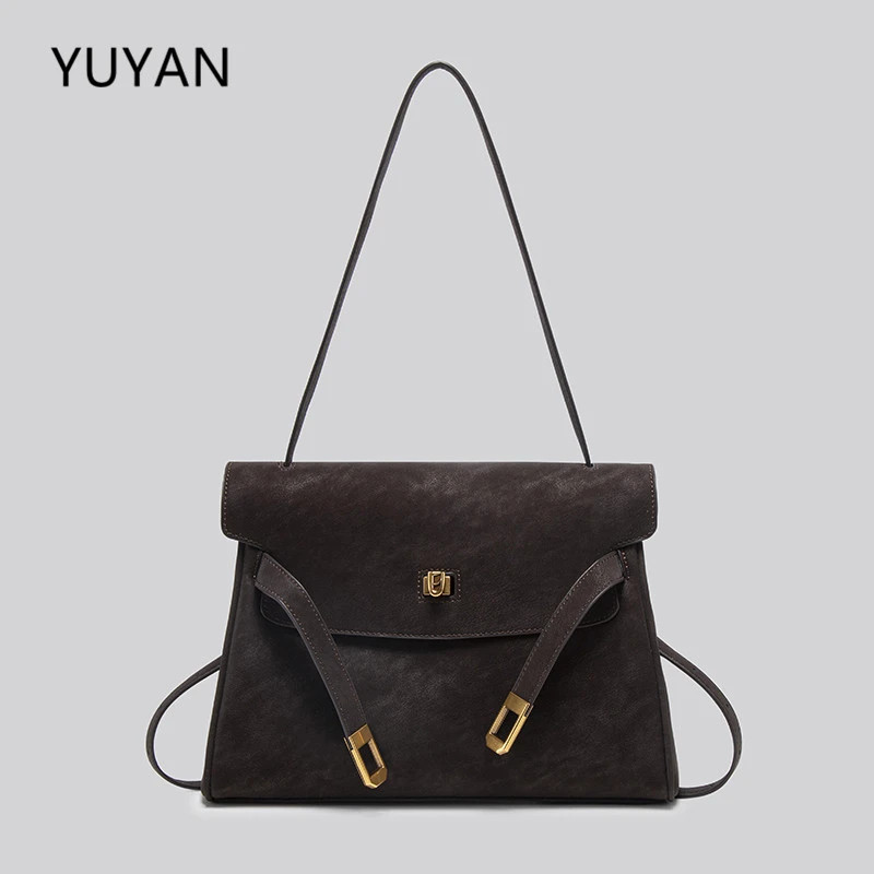 高级咖色复古通勤凯莉包2025秋冬新款腋下手提包女小众单肩斜挎包