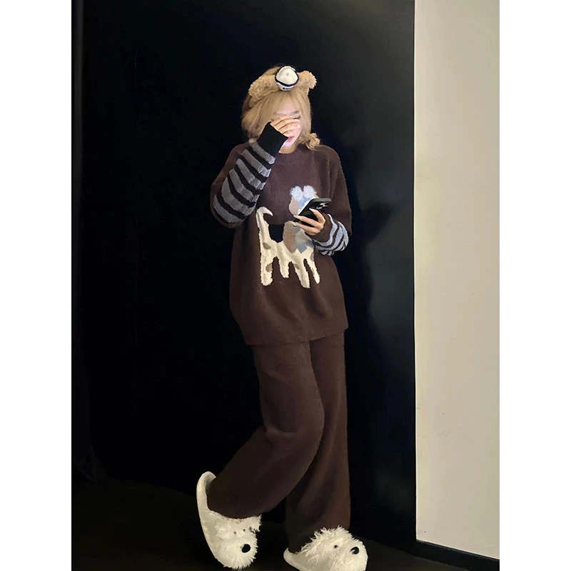 韩版冬季新款美拉德小狗半边绒睡衣女秋假两件长袖长裤家居服套装