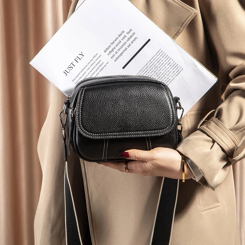 2025新款真皮宽肩带手机零钱包头层牛皮多隔层单肩斜挎小包女百搭