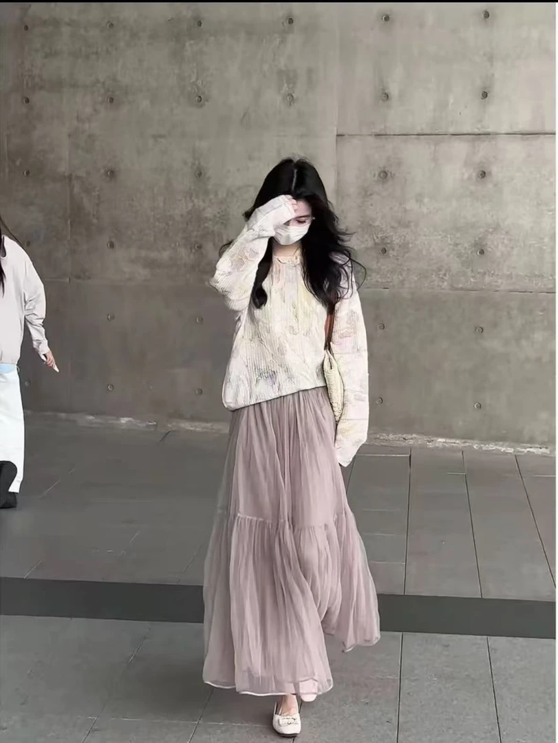 网纱半身裙女夏季2025新款高腰显瘦垂感a字大摆伞裙百褶长裙