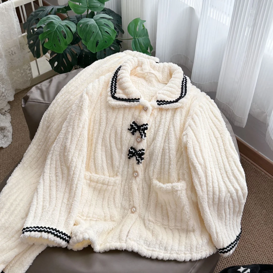 蝴蝶结睡衣套装秋冬甜美两件套可外穿家居服