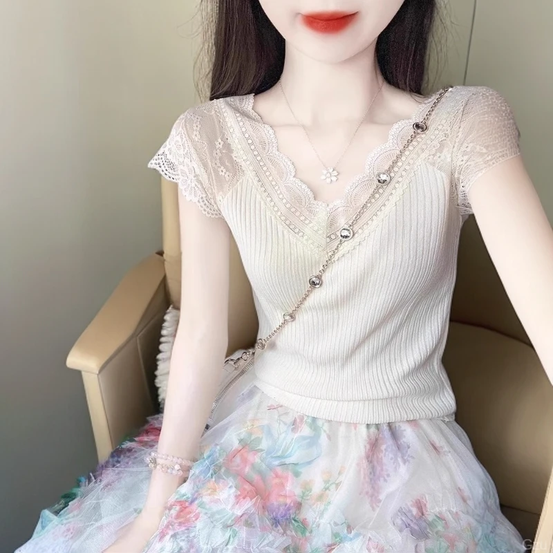 温柔风甜美蕾丝V领小飞袖t恤冰丝针织衫女2025夏季新款显瘦上衣潮