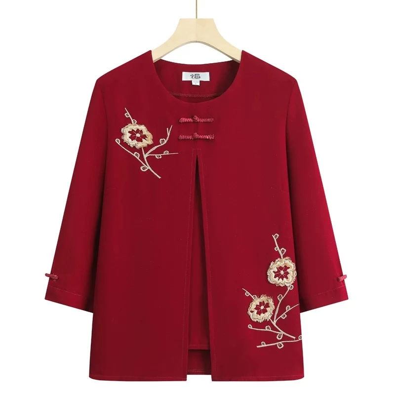 9285-春秋盘扣福态中老年女装上衣妈妈装夏装喜庆款中国风A仓