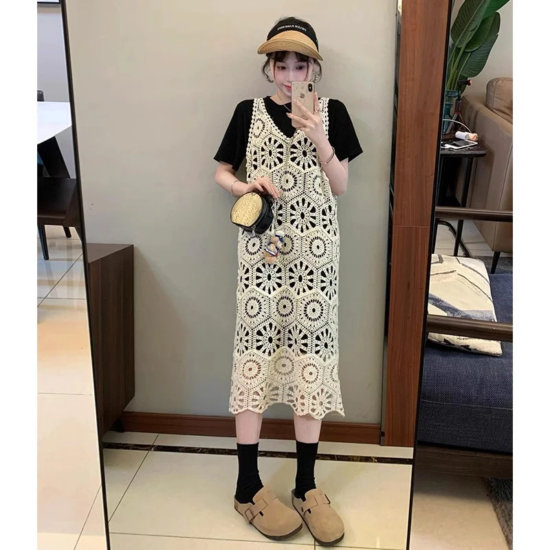 小香风套装裙女士夏季新款纯色短袖内搭裙宽松百搭甜美镂空两件套