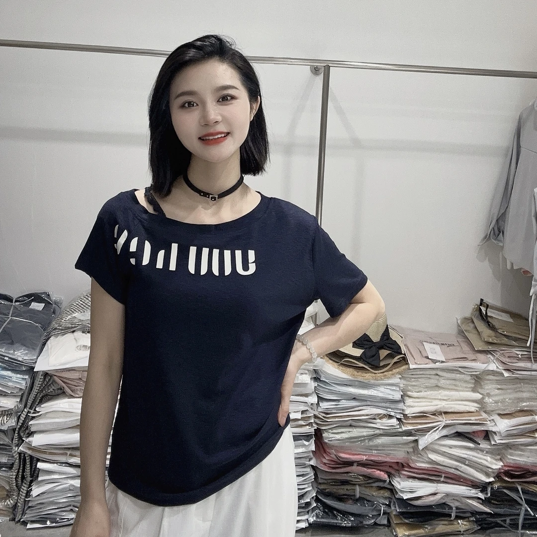 LMM 2863 斜肩夏季新款韩版时尚潮流圆领短袖T恤女显瘦百搭上衣