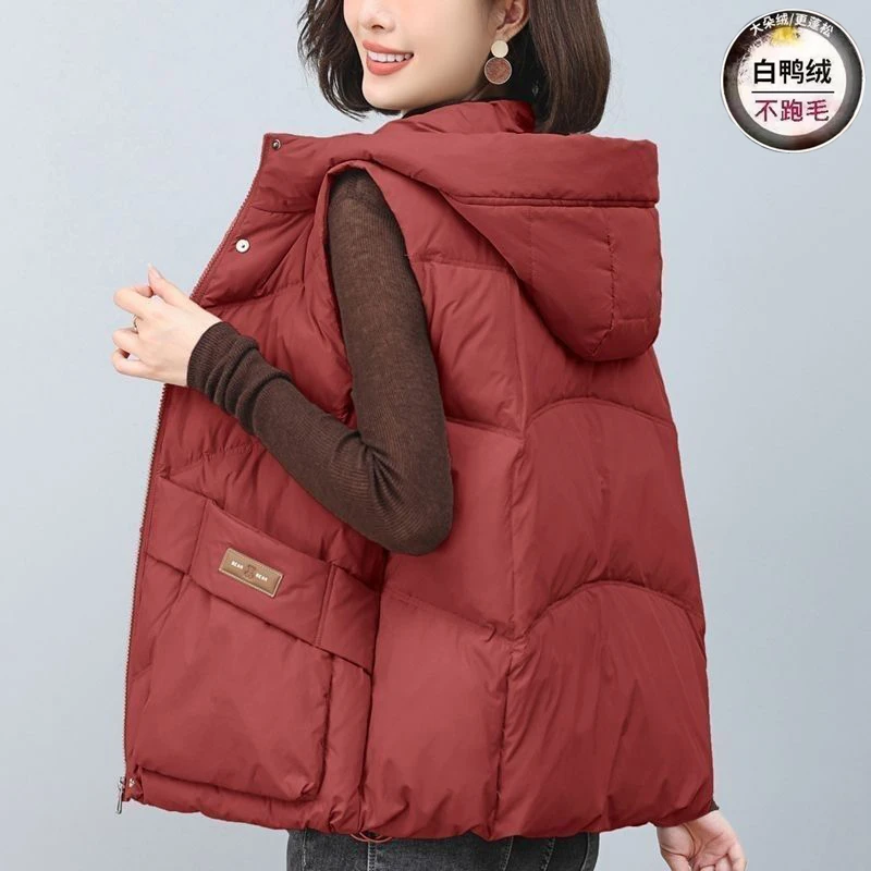 高档羽绒马夹外穿2025新款白鸭绒宽松马甲女坎肩背心洋气连帽外套