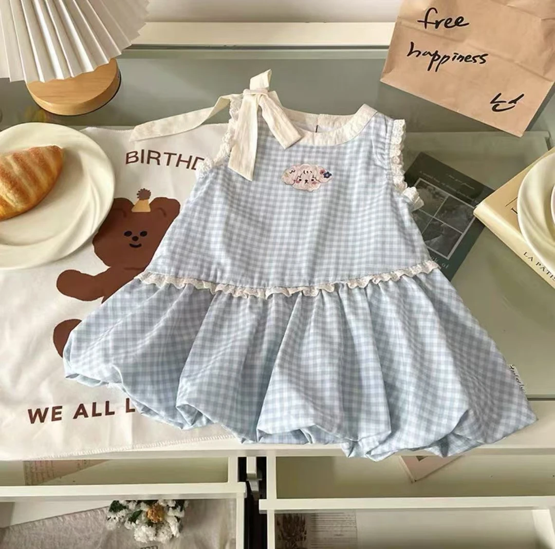女童格子连衣裙2025夏季新款甜美蝴蝶结可爱格子清新宝宝童裙洋气