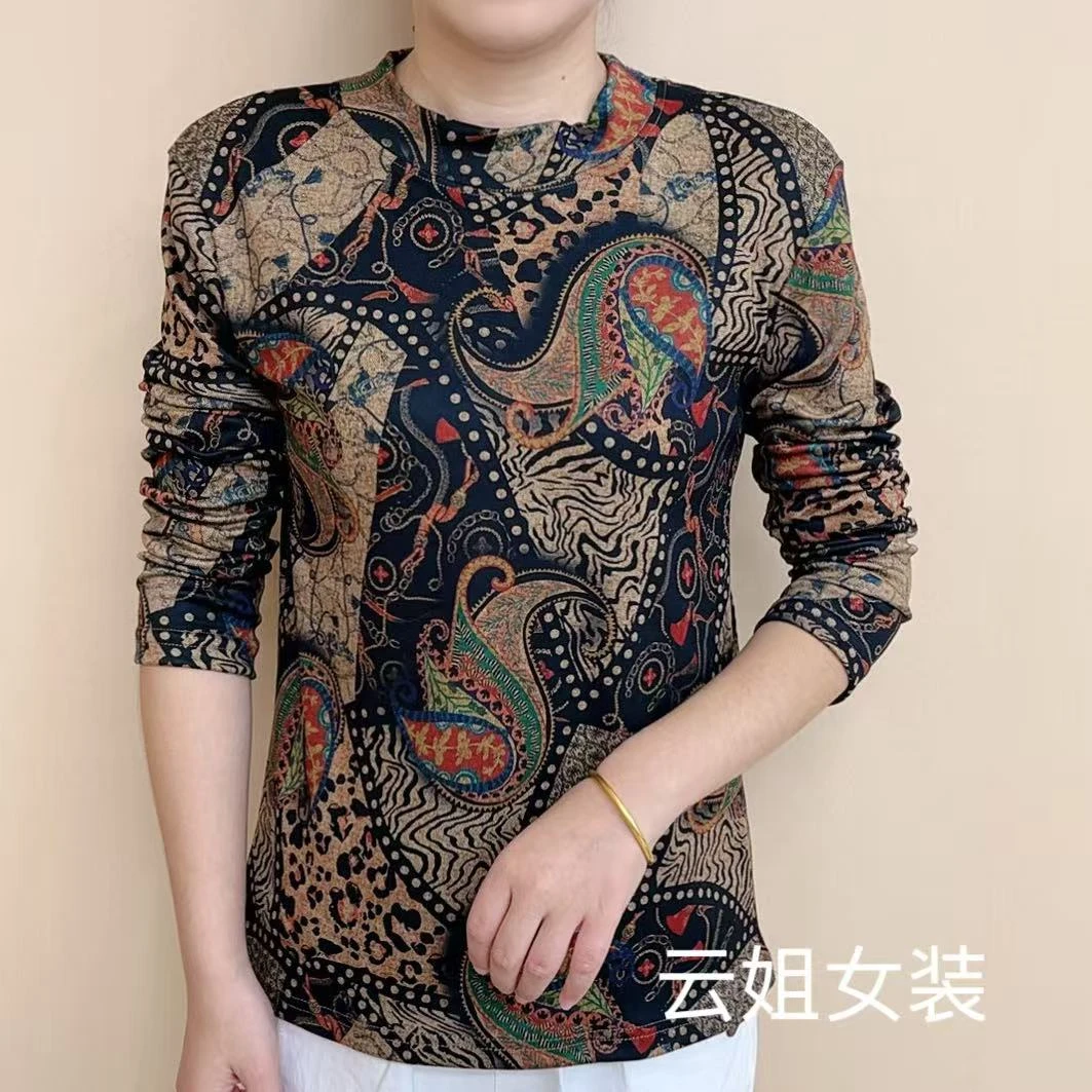 2025秋冬季新款百搭洋气印花打底衫遮肉显瘦妈妈装弹力长袖上衣