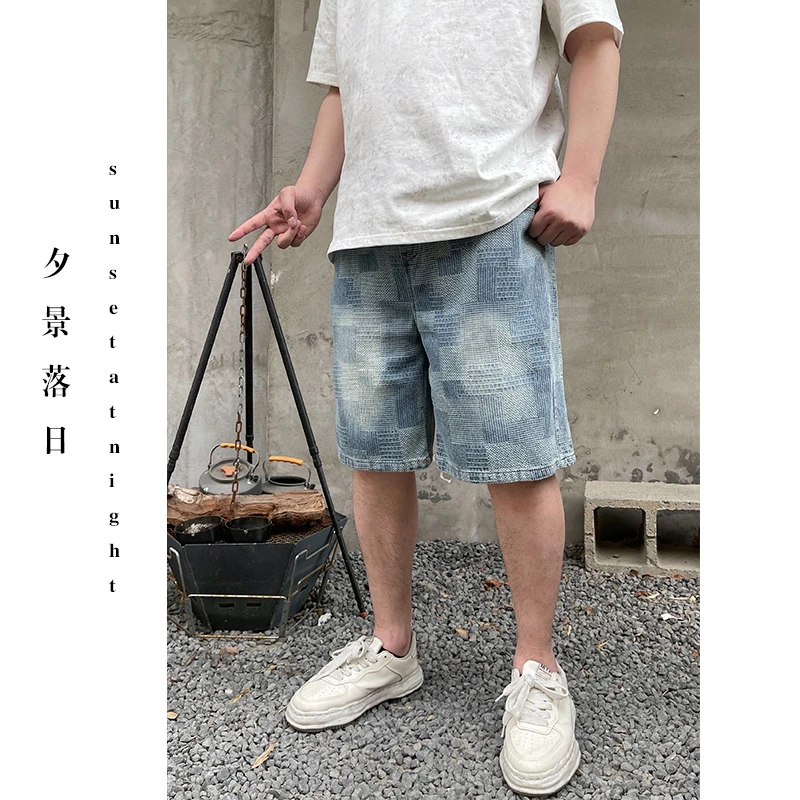 【cityboy】夏季透气吸汗百搭拼接宽松休闲牛仔短裤0111