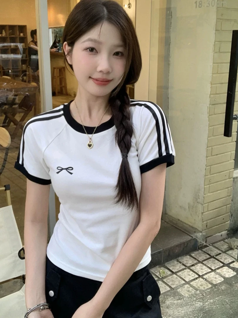 微胖印花短袖ins拼接圆领常规修身白T恤