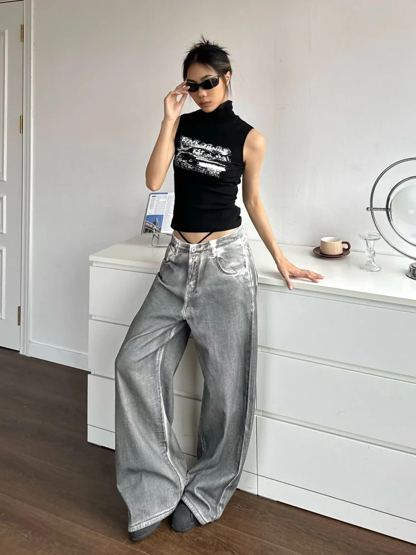 A26-3灰色“水泥灰“裤脚扣牛仔裤