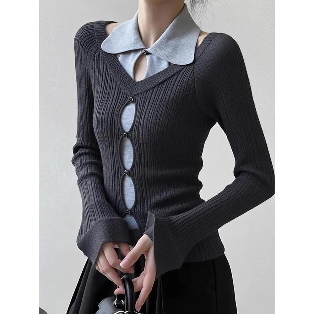 法式Polo领灰色假两件针织衫女秋冬高级感气质内搭镂空上衣打底衫