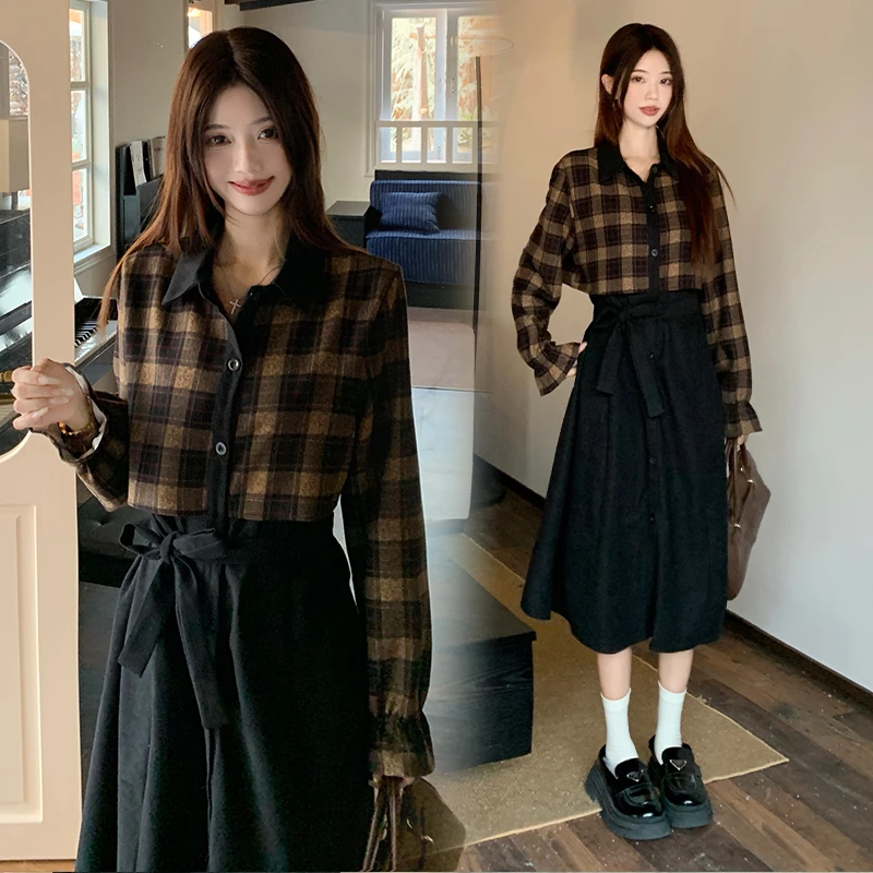 2025秋冬新款大码连衣裙假两件连衣裙蝴蝶结格子宽松中长款裙子