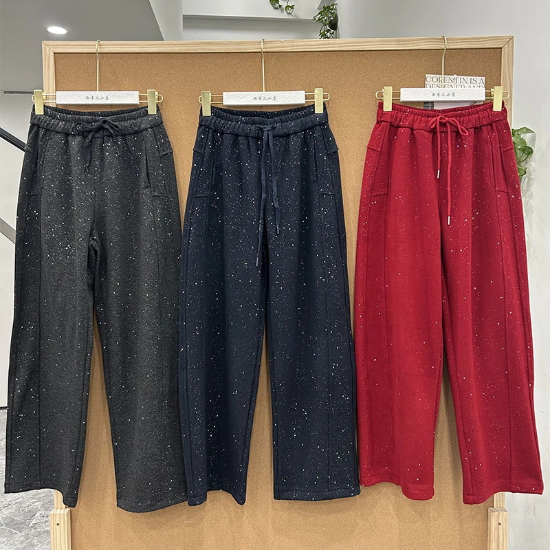 秋冬细闪羊绒撒银亮片直筒裤8261大码红色洋气阔腿休闲裤长100cm